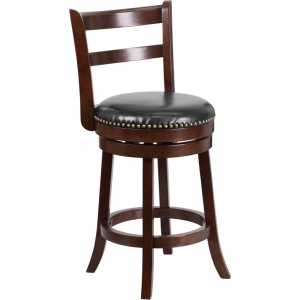 Wholesale 26'' High Cappuccino Wood Counter Height Stool with Single Slat Ladder Back and Black Leather Swivel Seat