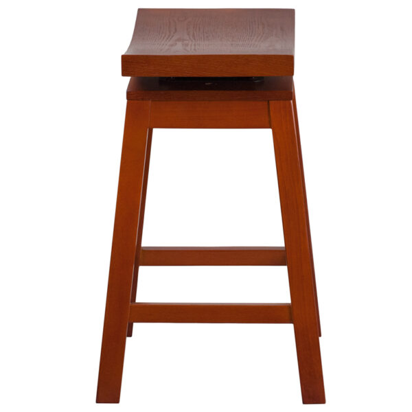 Lowest Price 26'' High Saddle Seat Light Cherry Wood Counter Height Stool with Auto Swivel Seat Return