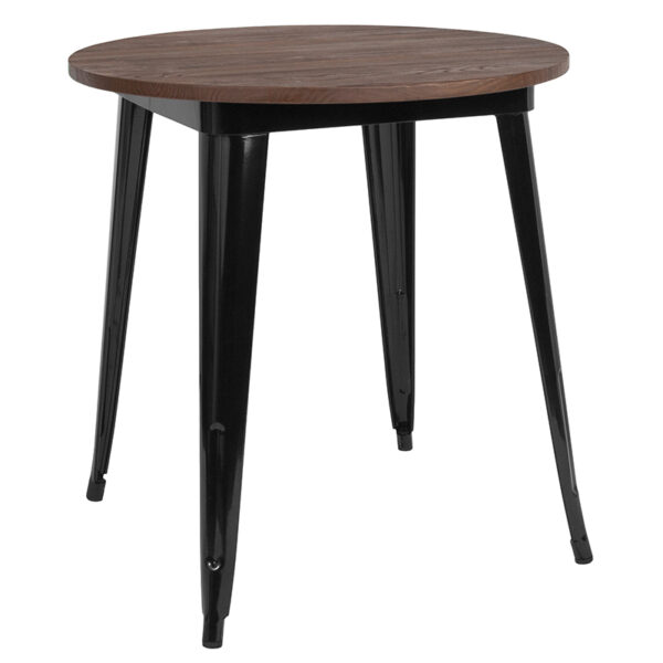 Wholesale 26" Round Black Metal Indoor Table with Walnut Rustic Wood Top
