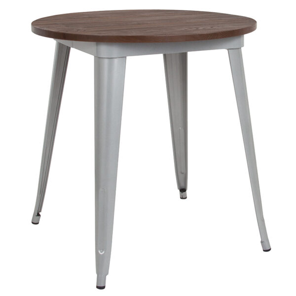 Wholesale 26" Round Silver Metal Indoor Table with Walnut Rustic Wood Top