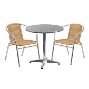Wholesale 27.5'' Round Aluminum Indoor-Outdoor Table Set with 2 Beige Rattan Chairs