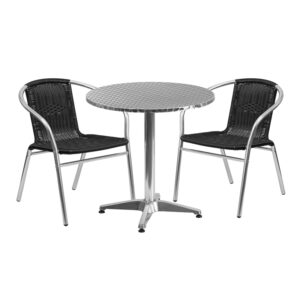 Wholesale 27.5'' Round Aluminum Indoor-Outdoor Table Set with 2 Black Rattan Chairs
