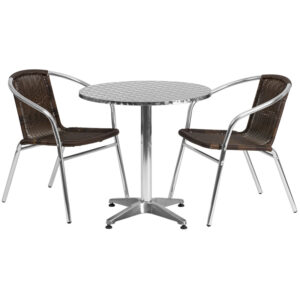 Wholesale 27.5'' Round Aluminum Indoor-Outdoor Table Set with 2 Dark Brown Rattan Chairs