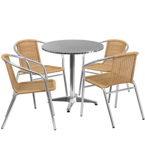 Wholesale 27.5'' Round Aluminum Indoor-Outdoor Table Set with 4 Beige Rattan Chairs