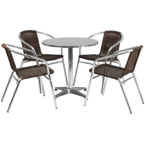 Wholesale 27.5'' Round Aluminum Indoor-Outdoor Table Set with 4 Dark Brown Rattan Chairs