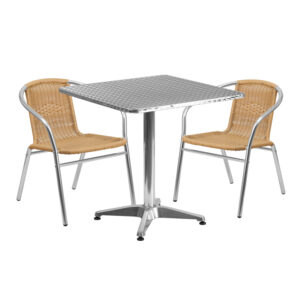 Wholesale 27.5'' Square Aluminum Indoor-Outdoor Table Set with 2 Beige Rattan Chairs