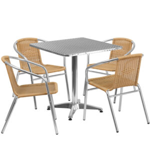 Wholesale 27.5'' Square Aluminum Indoor-Outdoor Table Set with 4 Beige Rattan Chairs