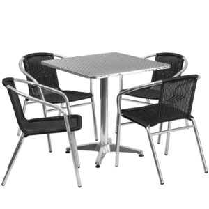 Wholesale 27.5'' Square Aluminum Indoor-Outdoor Table Set with 4 Black Rattan Chairs