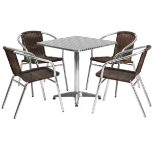 Wholesale 27.5'' Square Aluminum Indoor-Outdoor Table Set with 4 Dark Brown Rattan Chairs