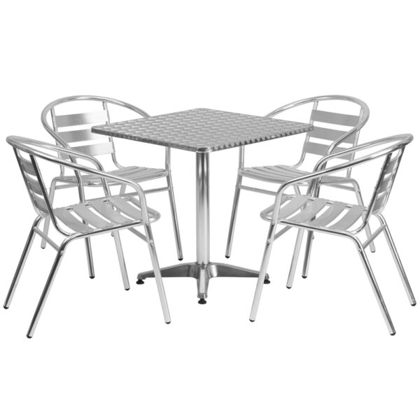 Wholesale 27.5'' Square Aluminum Indoor-Outdoor Table Set with 4 Slat Back Chairs