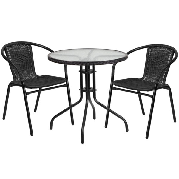 Wholesale 28'' Round Glass Metal Table with Black Rattan Edging and 2 Black Rattan Stack Chairs
