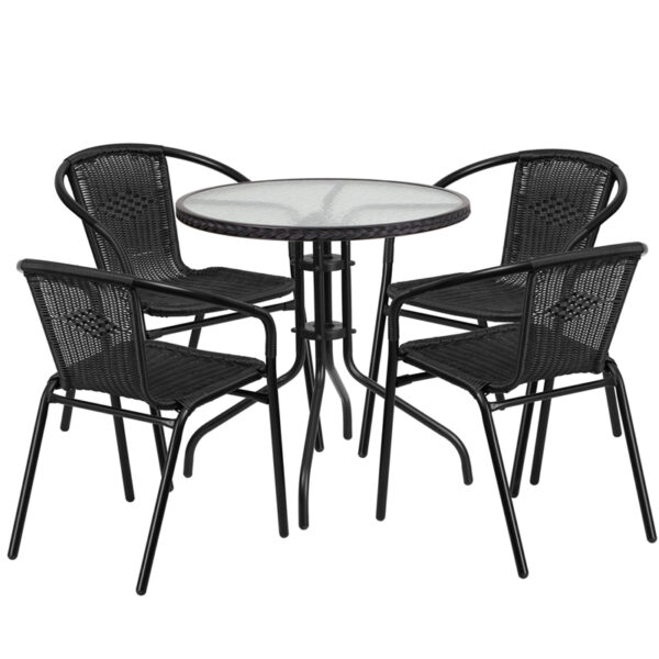Wholesale 28'' Round Glass Metal Table with Black Rattan Edging and 4 Black Rattan Stack Chairs