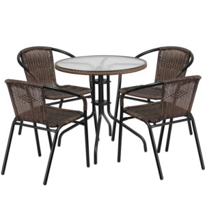 Wholesale 28'' Round Glass Metal Table with Dark Brown Rattan Edging and 4 Dark Brown Rattan Stack Chairs