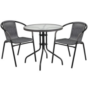 Wholesale 28'' Round Glass Metal Table with Gray Rattan Edging and 2 Gray Rattan Stack Chairs