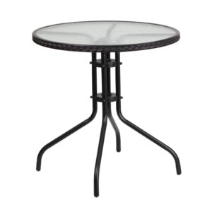 Wholesale 28'' Round Tempered Glass Metal Table with Black Rattan Edging