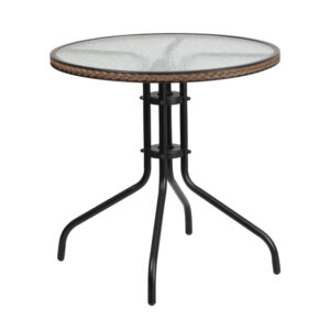 Wholesale 28'' Round Tempered Glass Metal Table with Dark Brown Rattan Edging