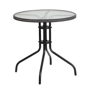 Wholesale 28'' Round Tempered Glass Metal Table with Gray Rattan Edging