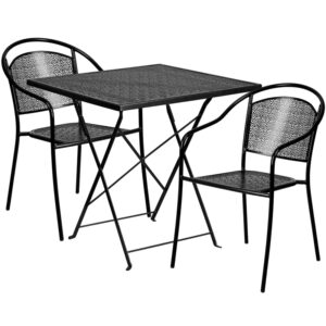 Wholesale 28'' Square Black Indoor-Outdoor Steel Folding Patio Table Set with 2 Round Back Chairs