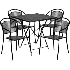 Wholesale 28'' Square Black Indoor-Outdoor Steel Folding Patio Table Set with 4 Round Back Chairs