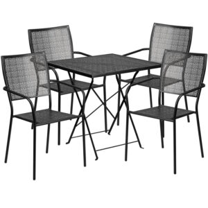 Wholesale 28'' Square Black Indoor-Outdoor Steel Folding Patio Table Set with 4 Square Back Chairs