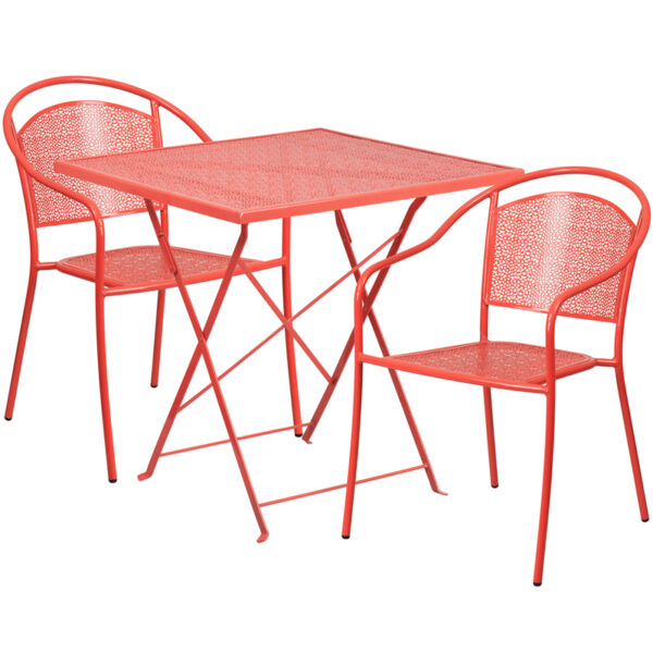 Wholesale 28'' Square Coral Indoor-Outdoor Steel Folding Patio Table Set with 2 Round Back Chairs