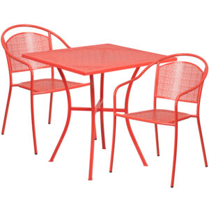Wholesale 28'' Square Coral Indoor-Outdoor Steel Patio Table Set with 2 Round Back Chairs