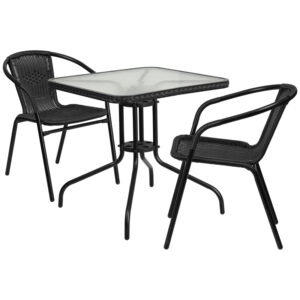 Wholesale 28'' Square Glass Metal Table with Black Rattan Edging and 2 Black Rattan Stack Chairs