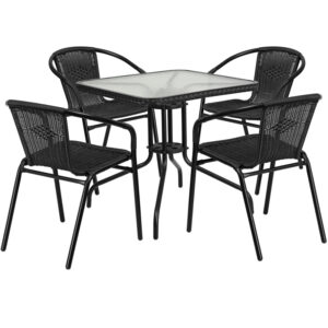 Wholesale 28'' Square Glass Metal Table with Black Rattan Edging and 4 Black Rattan Stack Chairs