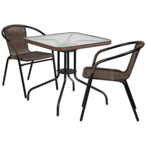 Wholesale 28'' Square Glass Metal Table with Dark Brown Rattan Edging and 2 Dark Brown Rattan Stack Chairs