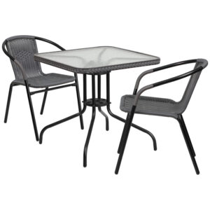 Wholesale 28'' Square Glass Metal Table with Gray Rattan Edging and 2 Gray Rattan Stack Chairs