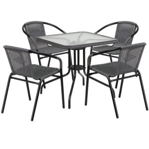 Wholesale 28'' Square Glass Metal Table with Gray Rattan Edging and 4 Gray Rattan Stack Chairs