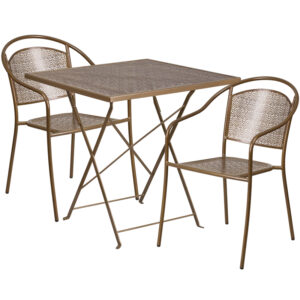Wholesale 28'' Square Gold Indoor-Outdoor Steel Folding Patio Table Set with 2 Round Back Chairs
