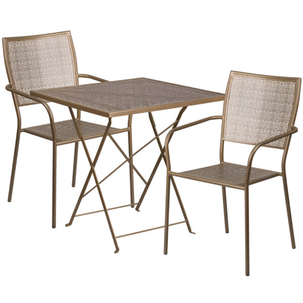 Wholesale 28'' Square Gold Indoor-Outdoor Steel Folding Patio Table Set with 2 Square Back Chairs