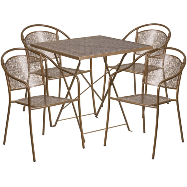 Wholesale 28'' Square Gold Indoor-Outdoor Steel Folding Patio Table Set with 4 Round Back Chairs