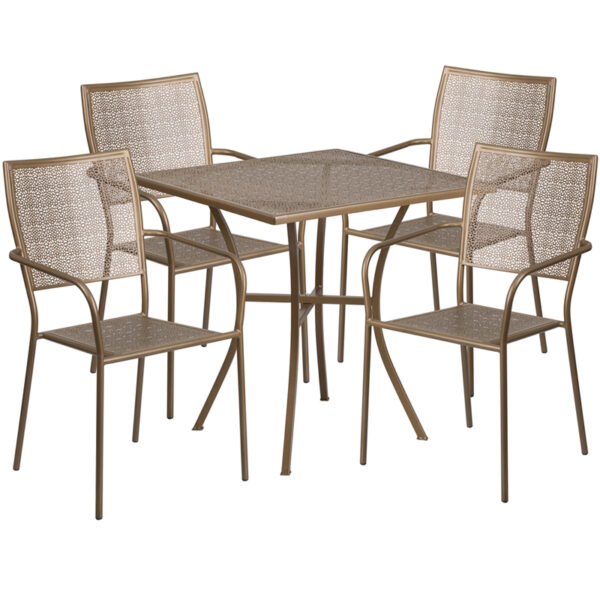 Wholesale 28'' Square Gold Indoor-Outdoor Steel Patio Table Set with 4 Square Back Chairs