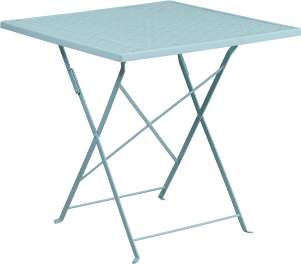Wholesale 28'' Square Sky Blue Indoor-Outdoor Steel Folding Patio Table
