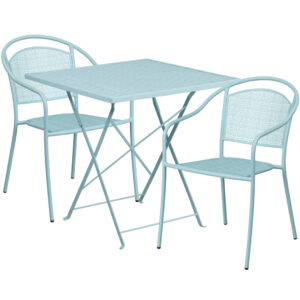 Wholesale 28'' Square Sky Blue Indoor-Outdoor Steel Folding Patio Table Set with 2 Round Back Chairs