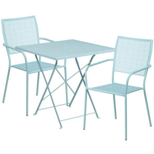 Wholesale 28'' Square Sky Blue Indoor-Outdoor Steel Folding Patio Table Set with 2 Square Back Chairs