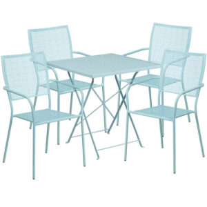 Wholesale 28'' Square Sky Blue Indoor-Outdoor Steel Folding Patio Table Set with 4 Square Back Chairs