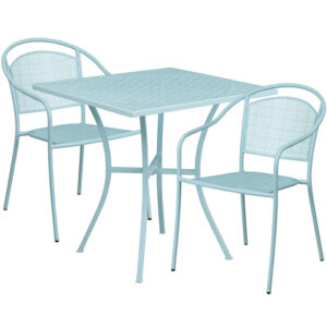 Wholesale 28'' Square Sky Blue Indoor-Outdoor Steel Patio Table Set with 2 Round Back Chairs