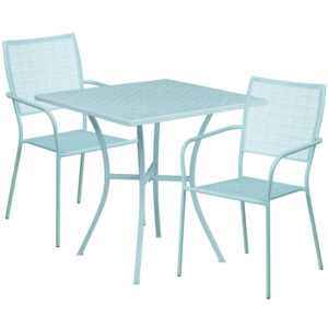 Wholesale 28'' Square Sky Blue Indoor-Outdoor Steel Patio Table Set with 2 Square Back Chairs
