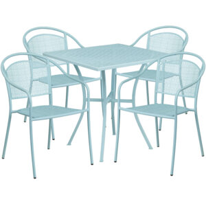Wholesale 28'' Square Sky Blue Indoor-Outdoor Steel Patio Table Set with 4 Round Back Chairs