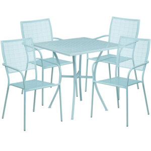 Wholesale 28'' Square Sky Blue Indoor-Outdoor Steel Patio Table Set with 4 Square Back Chairs