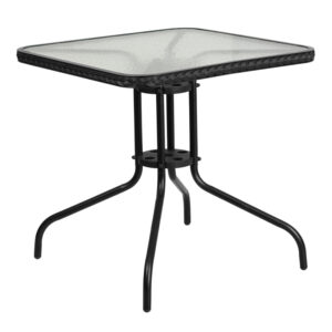 Wholesale 28'' Square Tempered Glass Metal Table with Black Rattan Edging