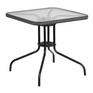 Wholesale 28'' Square Tempered Glass Metal Table with Gray Rattan Edging