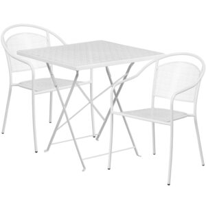 Wholesale 28'' Square White Indoor-Outdoor Steel Folding Patio Table Set with 2 Round Back Chairs