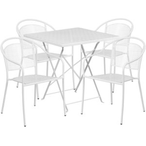 Wholesale 28'' Square White Indoor-Outdoor Steel Folding Patio Table Set with 4 Round Back Chairs