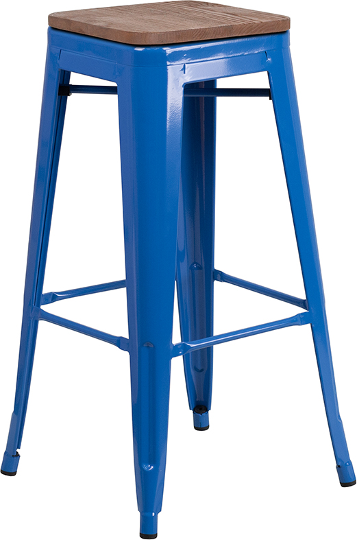 Wholesale 30" High Backless Blue Metal Barstool with Square Wood Seat