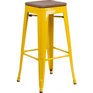 Wholesale 30" High Backless Yellow Metal Barstool with Square Wood Seat