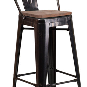 Wholesale 30" High Black-Antique Gold Metal Barstool with Back and Wood Seat